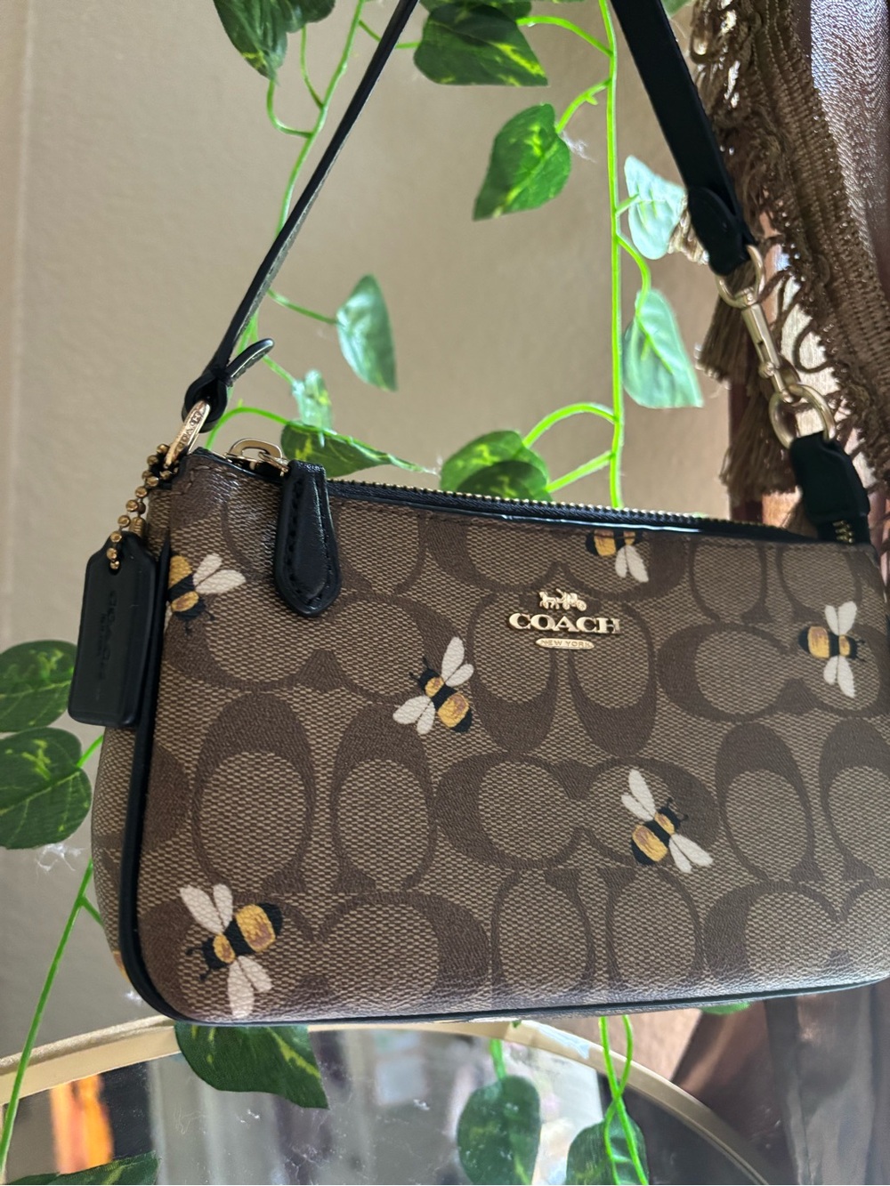 Coach Brown Signature Bee Print Shoulder Bag with Black Trim - Picture 2 of 16